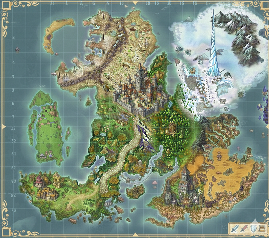 Mapa do mundo com reino central, torre de gelo ao norte e ruínas ao sul