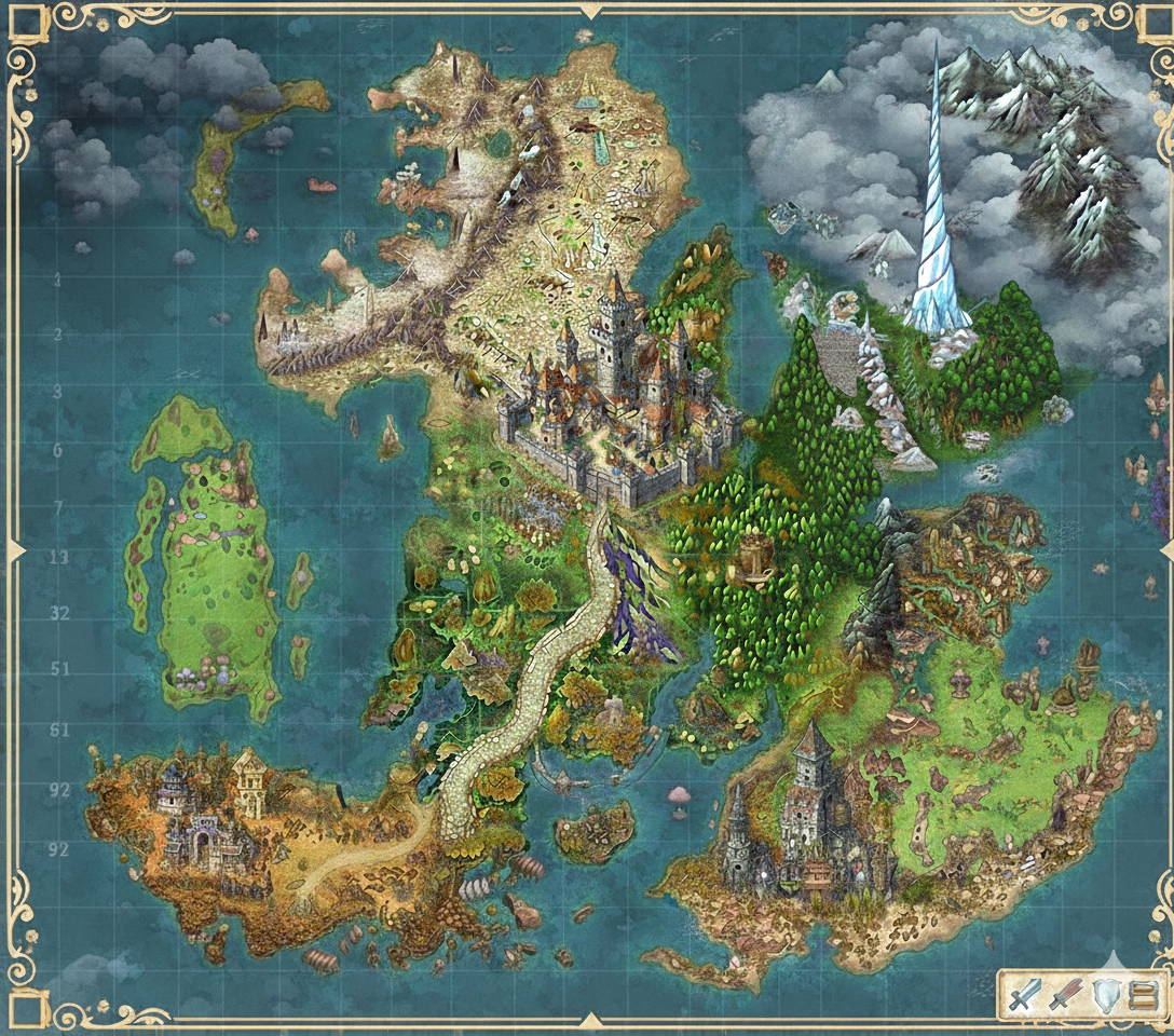 Mapa colorido em estilo cartoon com cidade central, torre de gelo e personagens espalhados