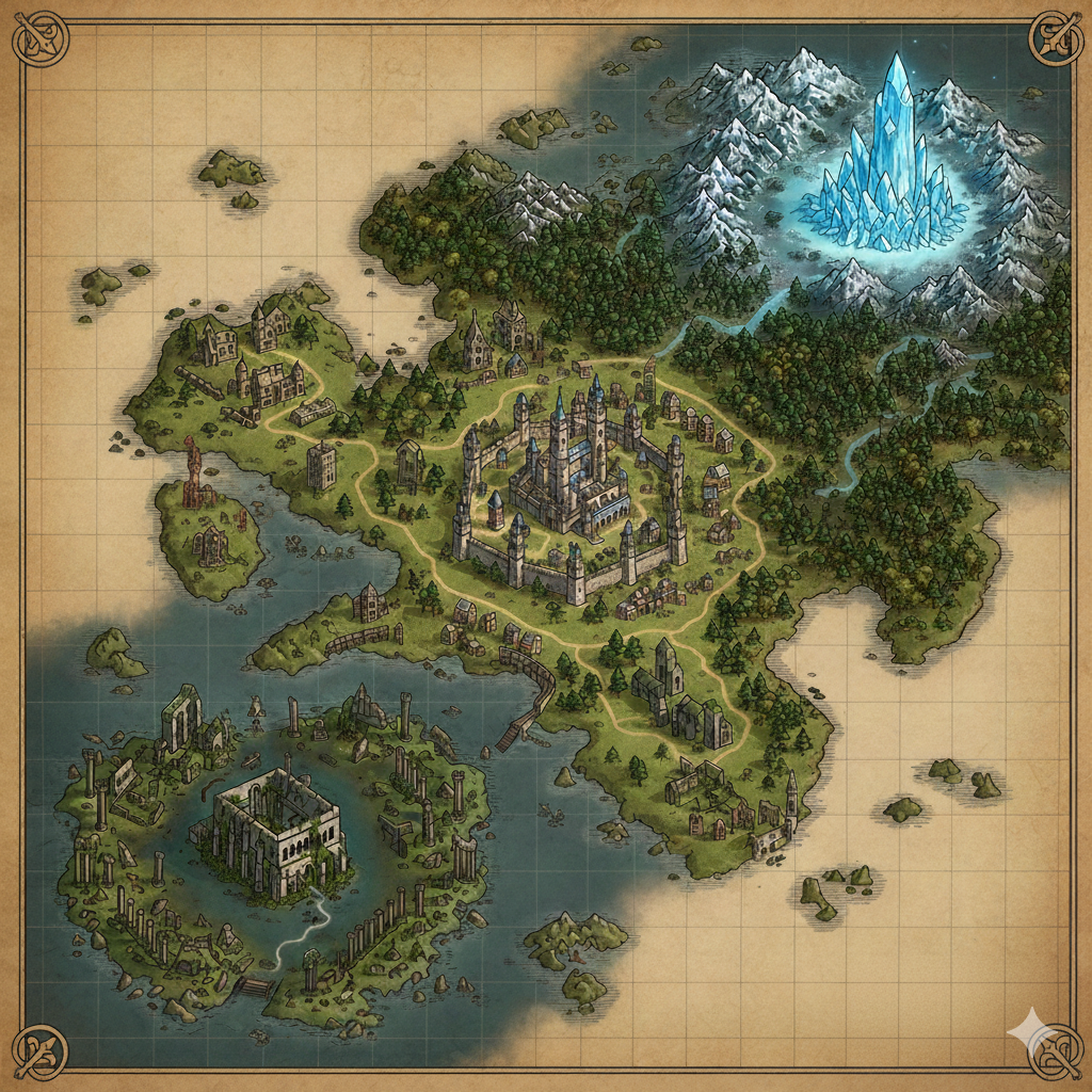 Mapa com aurora boreal ao norte, torre de gelo, castelo central e diversas regiões coloridas